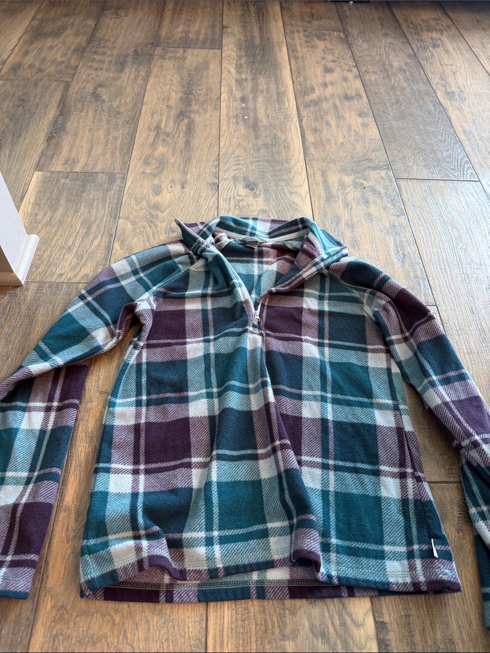 Eddie Bauer Plaid Quarter-Zip Fleece in Teal, Cream, and Plum